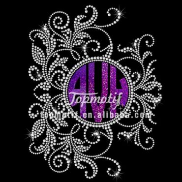 Custom Crystal Appliques Monogram Inside Rhinestones Swirl Frame Heat T-Shirt Transfer