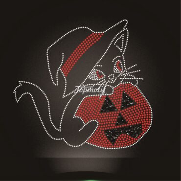 Flat back rhinestone cat holding pumpkin hot fix transfers